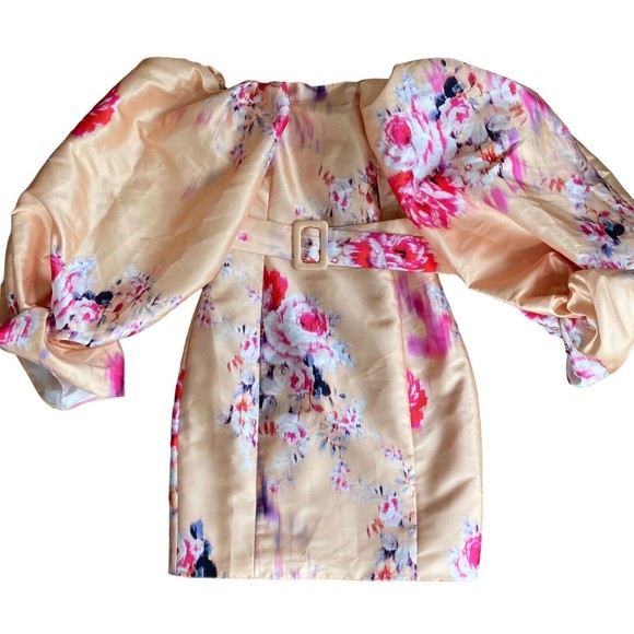 ASOS Floral Puff Sleeve Mini Dress - Pink and Cream - Picture 1 of 7
